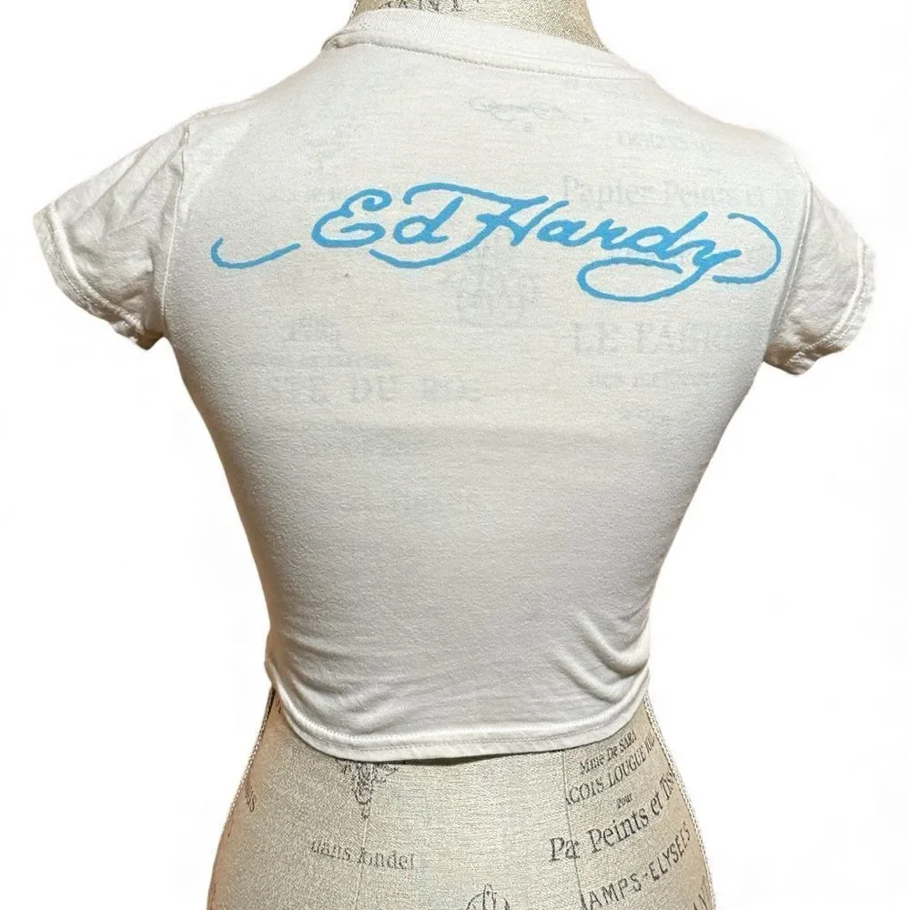 Ed Hardy True Eagle Rhinestone Natural Crop T-Shirt Cream Size Small